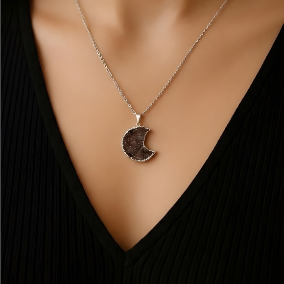 None Jewelry - Red Amethyst Silver Plated Crescent Moon Pendant Necklace on Figaro Chain